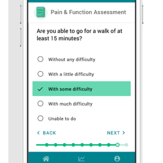 App screenshot of a user filling out a pain and physical function survey in the app.