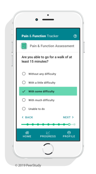 App screenshot of a user filling out a pain and physical function survey in the app.