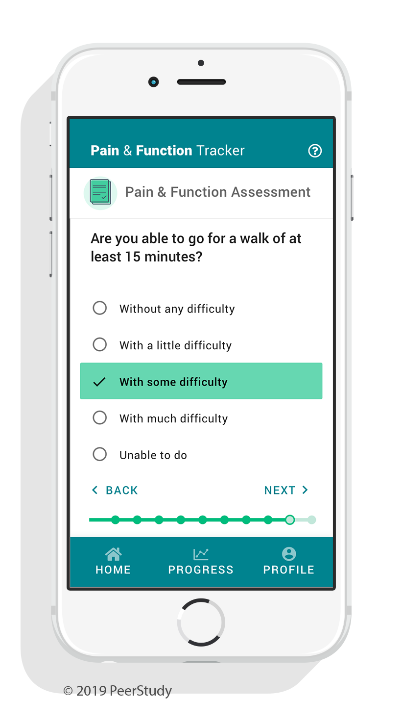 App screenshot of a user filling out a pain and physical function survey in the app.