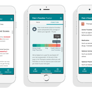 Mock ups of three mobile phones, each showing a different screen from the Pain & Function tracker app.