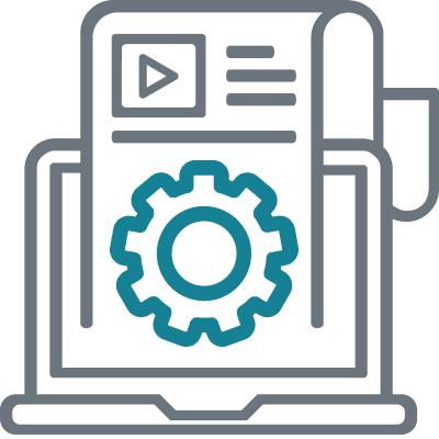 Icon of a laptop with a content page flowing out from the screen, with video content, textual content, and a cog on it.