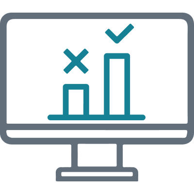 A desktop monitor with a bar chart, the shorter bar having an "x" icon over and the taller bar having a checkmark over it.