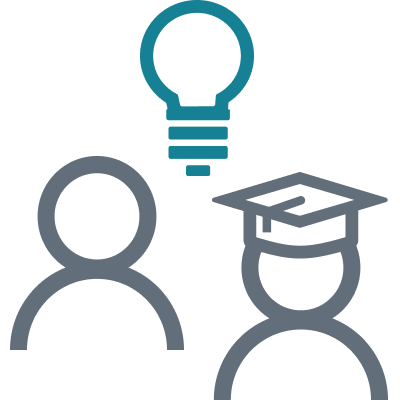 Icon of lightbulb, a person, and a student.