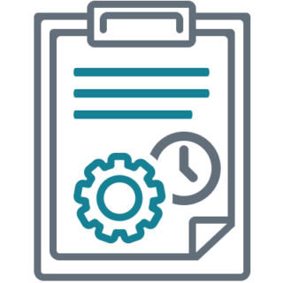 Icon of a clipboard with content, cog, and clock on it.