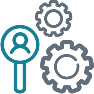 Icon of two cogs and a magnifying glass with a user in it.