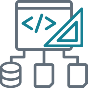 Icon of a webpage with code symbols, a triangle ruler, and additional diagram iconography.