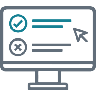 Icon of a monitor screen with a cursor hovering over content; item one has a checkmark and the next item has an "x."