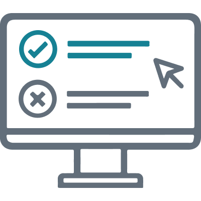 Icon of a monitor screen with a cursor hovering over content; item one has a checkmark and the next item has an "x."