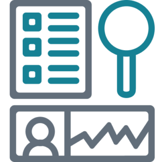 Icon of a list, a magnifying glass, and a user profile with accompanying line graph.
