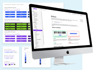 Screenshots of atomic library components and a design system page with component guidance