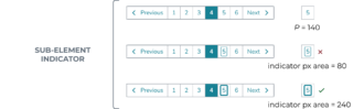 Pagination is shown and the user is focused on page 5. One example shows a bound box around the number 5 but the line is too thin. Another example shows the bounding line thicker, which does meet the success criteria.
