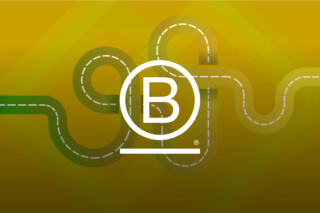 B corp logo over an illustration of a winding road