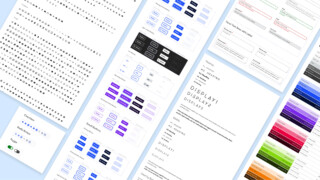 Button styles and variants with states, form input components, typographic header system and color palette design system information organized