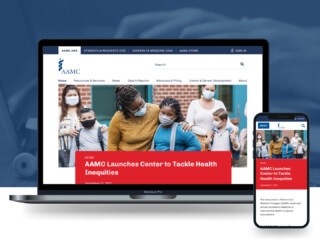 Desktop and mobile device showing AAMC.org homepage with updated navigation