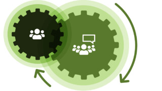 Illustration of two groups working to inform each other in an interactive pattern