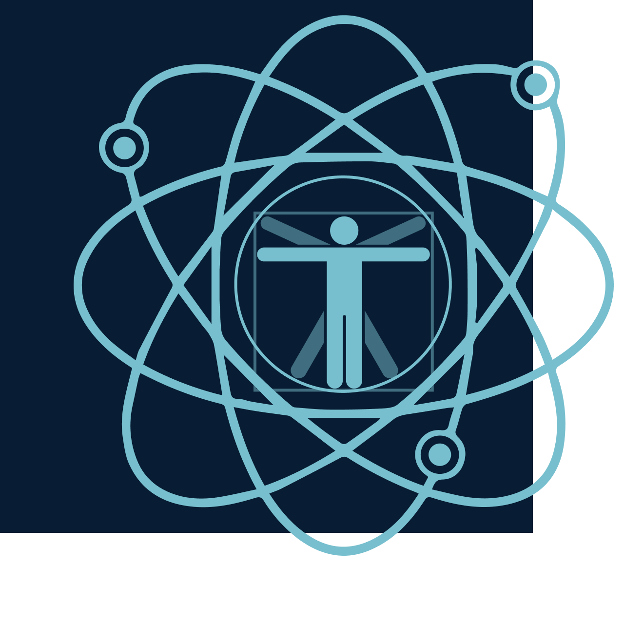 Illustration of a human at the nucleus of an atom to show all decisions are human and world centered