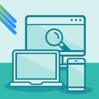 Desktop, laptop and mobile phone with magnifying glass to signify SEO