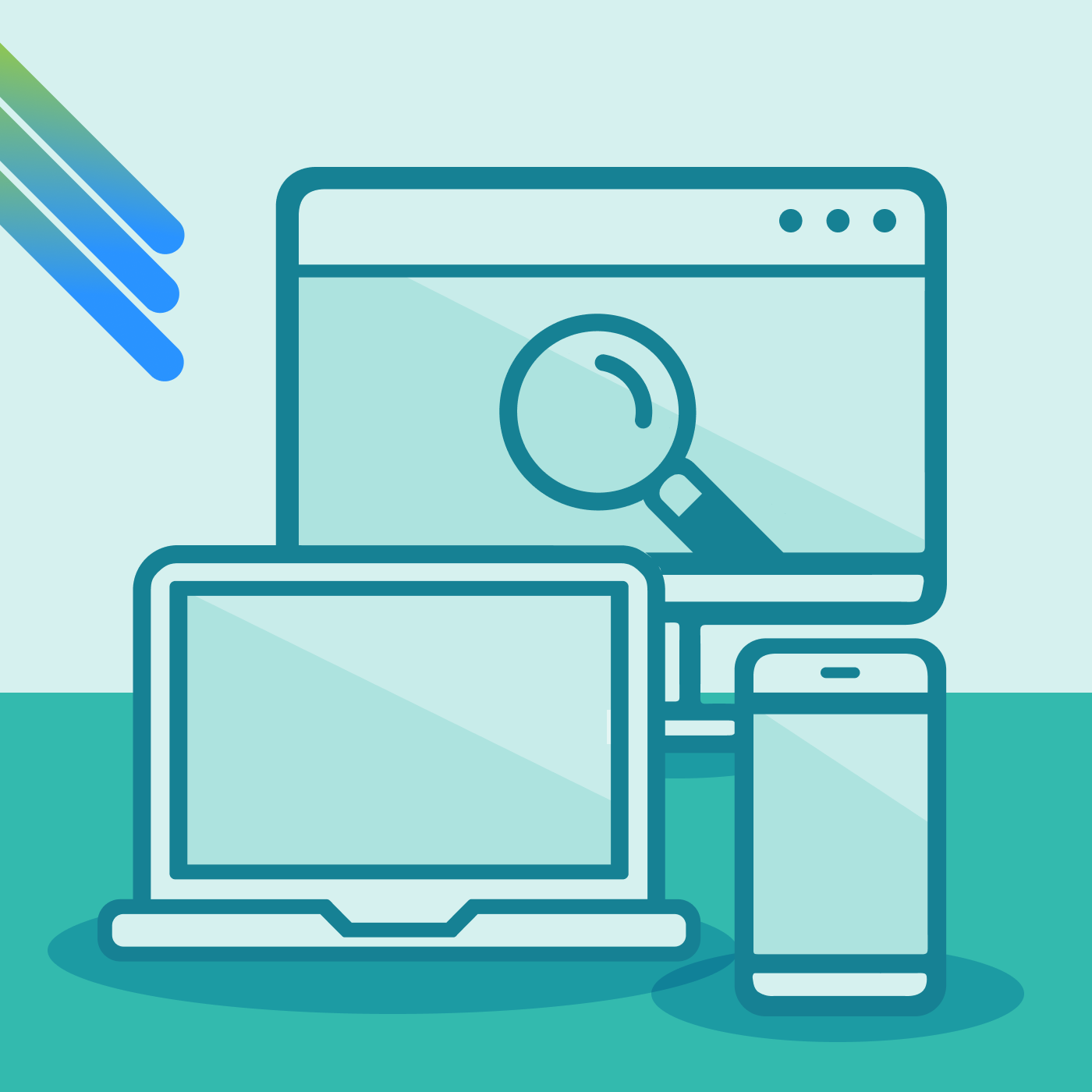 Desktop, laptop and mobile phone with magnifying glass to signify SEO