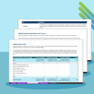 Screenshots of the Accessibility planning workbook showing how to capture asset and screen counts, accessibility glossary and more