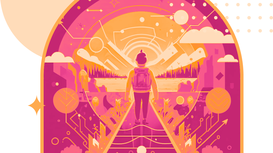 Illustration of a person walking into to a horizon made of beautiful mountain scenery and technical artifacts