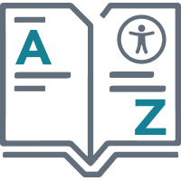 Illustration of an open book with A and Z and the digital accessibility icon
