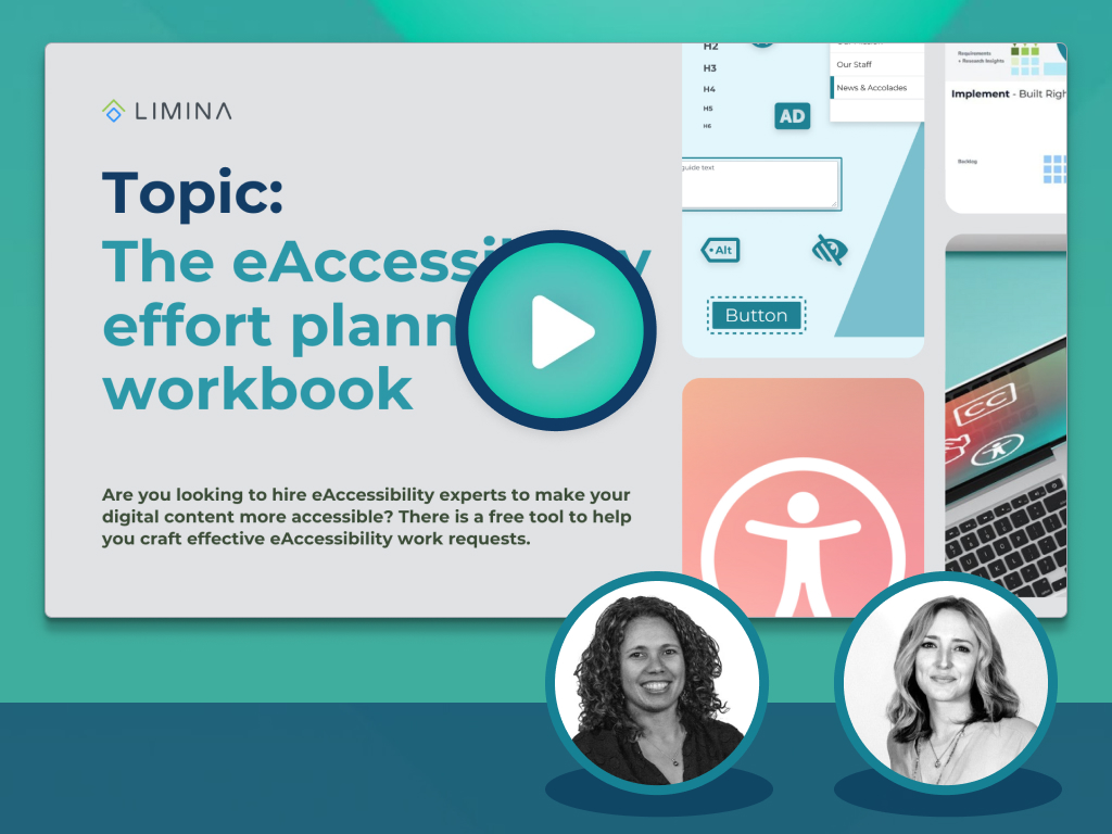 Illustration of the digital accessibility effort planning tool/workbook with headshots of Maria Taylor and Ellie Krysl as hosts