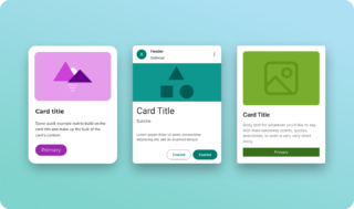 Card component variations from different design systems. They are different, but the base pieces are all the same.