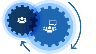 Illustration of teams giving feedback as part of a continuously turning gear set