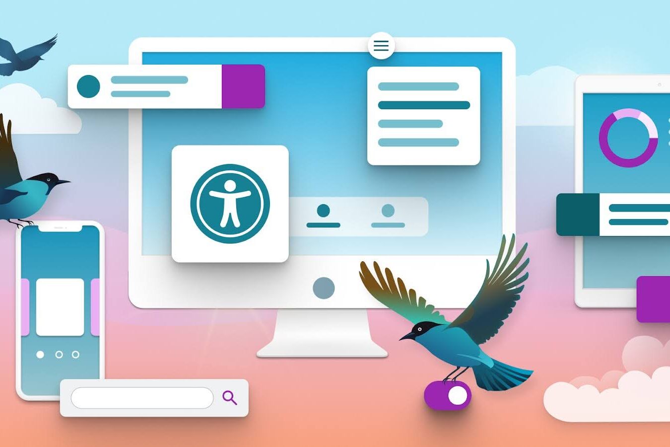 3 birds interacting with digital products, screens, and ui components, a visual play on feeding 3 birds with one scone.