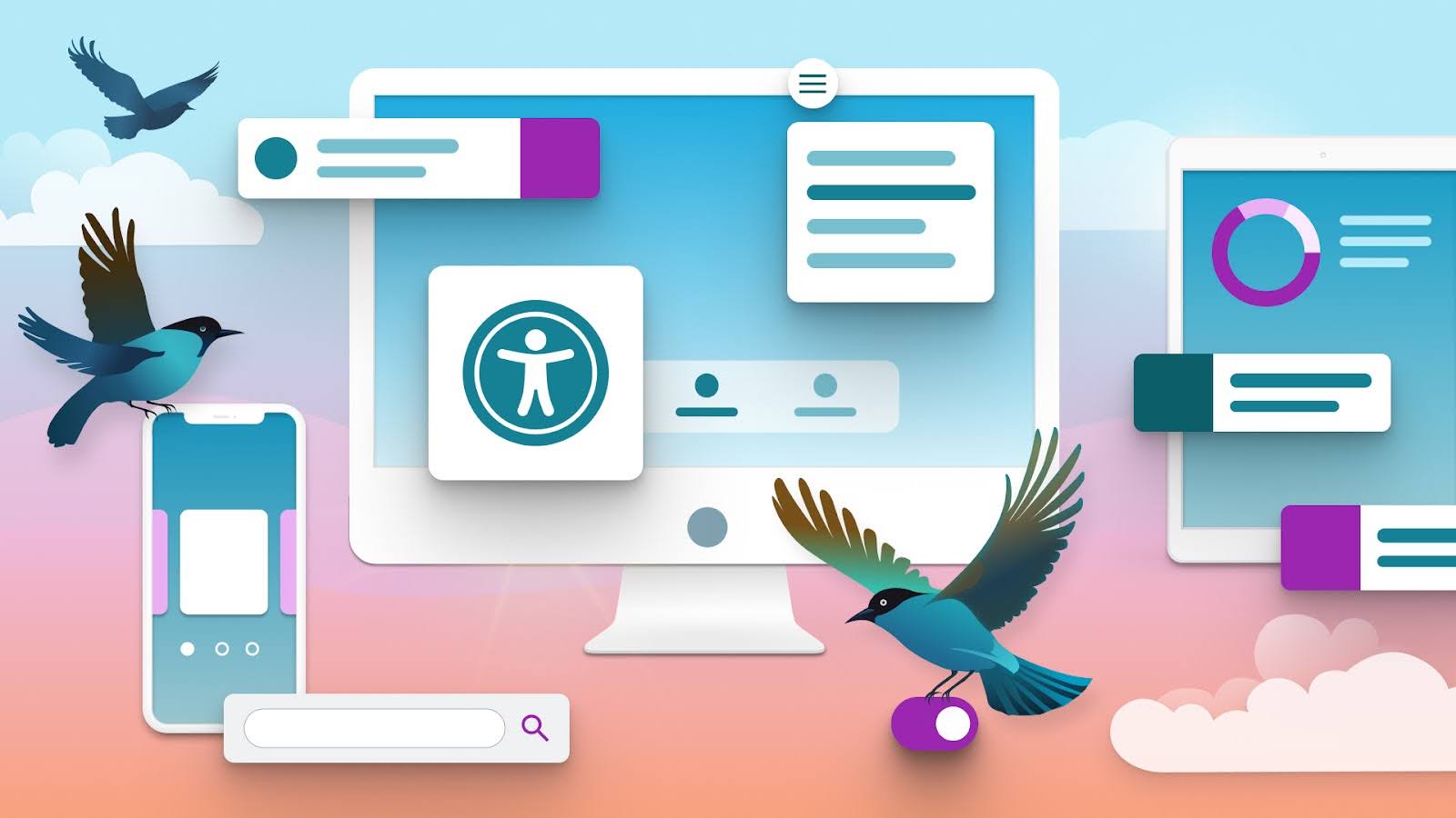 3 birds interacting with digital products, screens, and ui components, a visual play on feeding 3 birds with one scone.